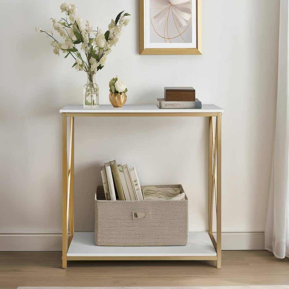 30.79 In. Standard Rectangle White MDF Wood Console Table with Shelves