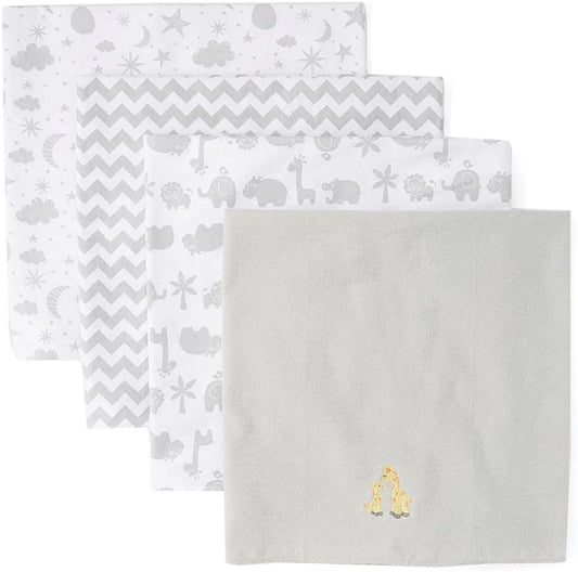 4 Pack Cotton Flannel Receiving Blankets, Grey Animals